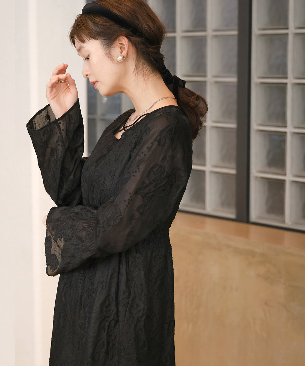 【オケージョンドレス/結婚式/2サイズ展開/SET ITEM/インナー付き/裏地付き】ジャガードフレアワンピース