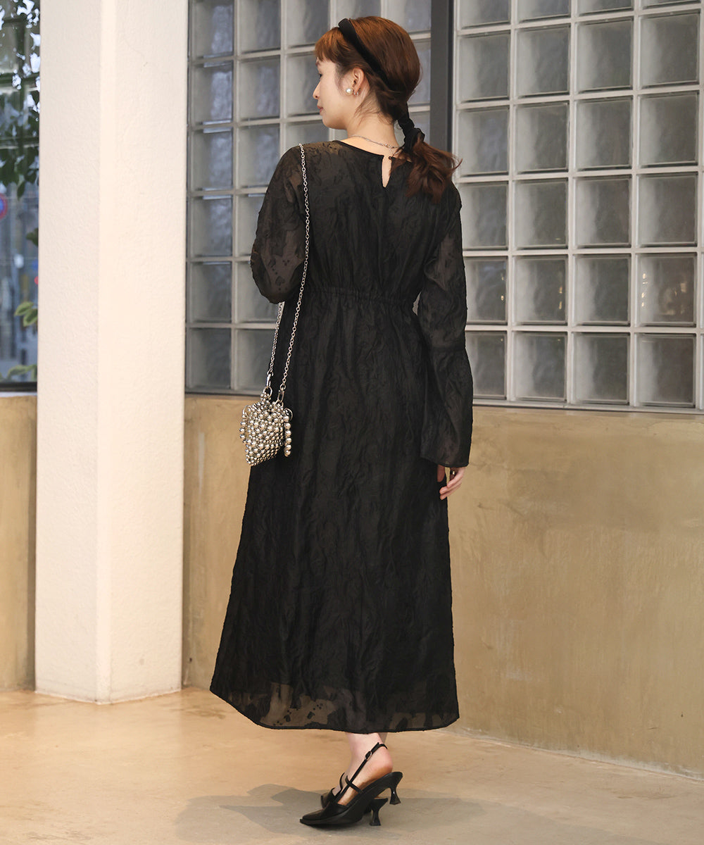 【オケージョンドレス/結婚式/2サイズ展開/SET ITEM/インナー付き/裏地付き】ジャガードフレアワンピース
