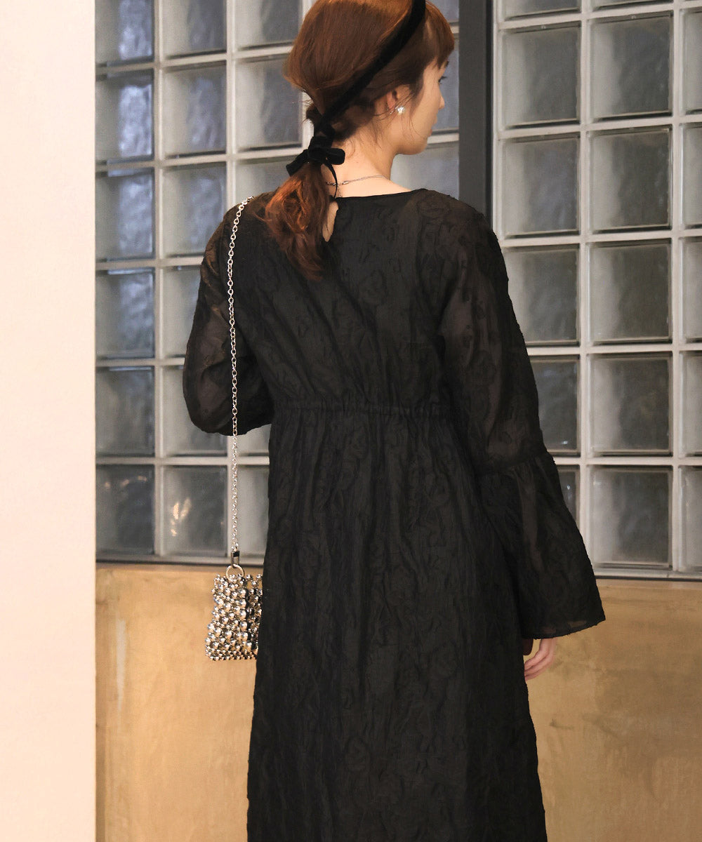 【オケージョンドレス/結婚式/2サイズ展開/SET ITEM/インナー付き/裏地付き】ジャガードフレアワンピース