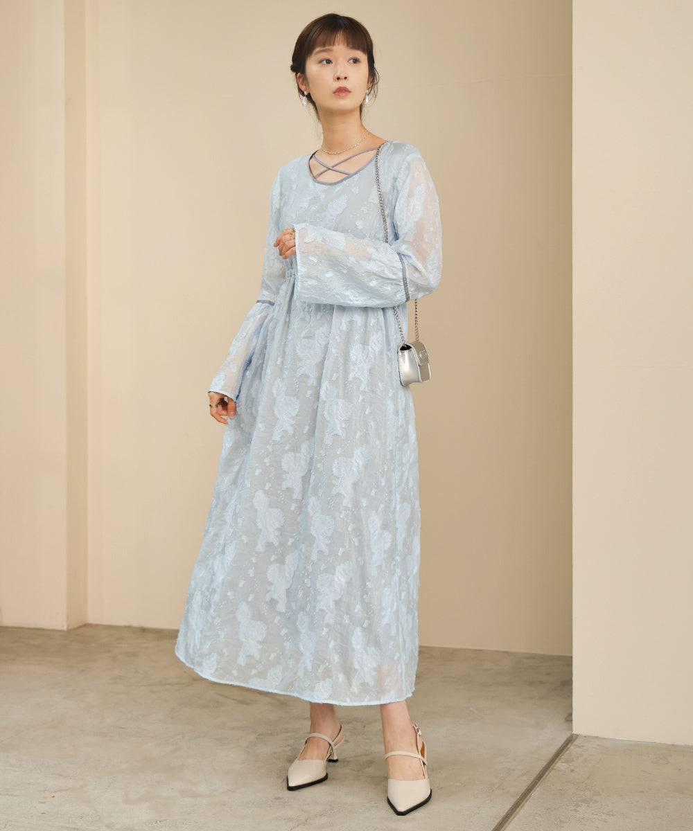 【オケージョンドレス/結婚式/2サイズ展開/SET ITEM/インナー付き/裏地付き】ジャガードフレアワンピース