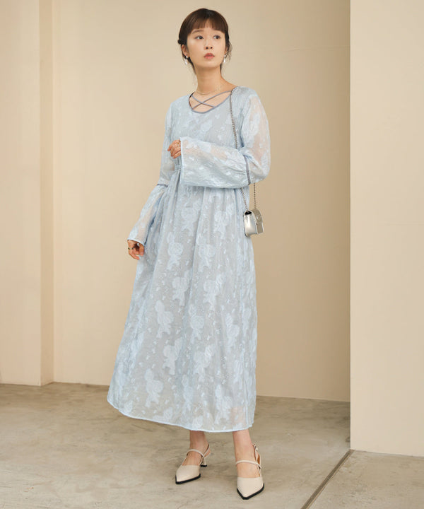 【オケージョンドレス/結婚式/2サイズ展開/SET ITEM/インナー付き/裏地付き】ジャガードフレアワンピース