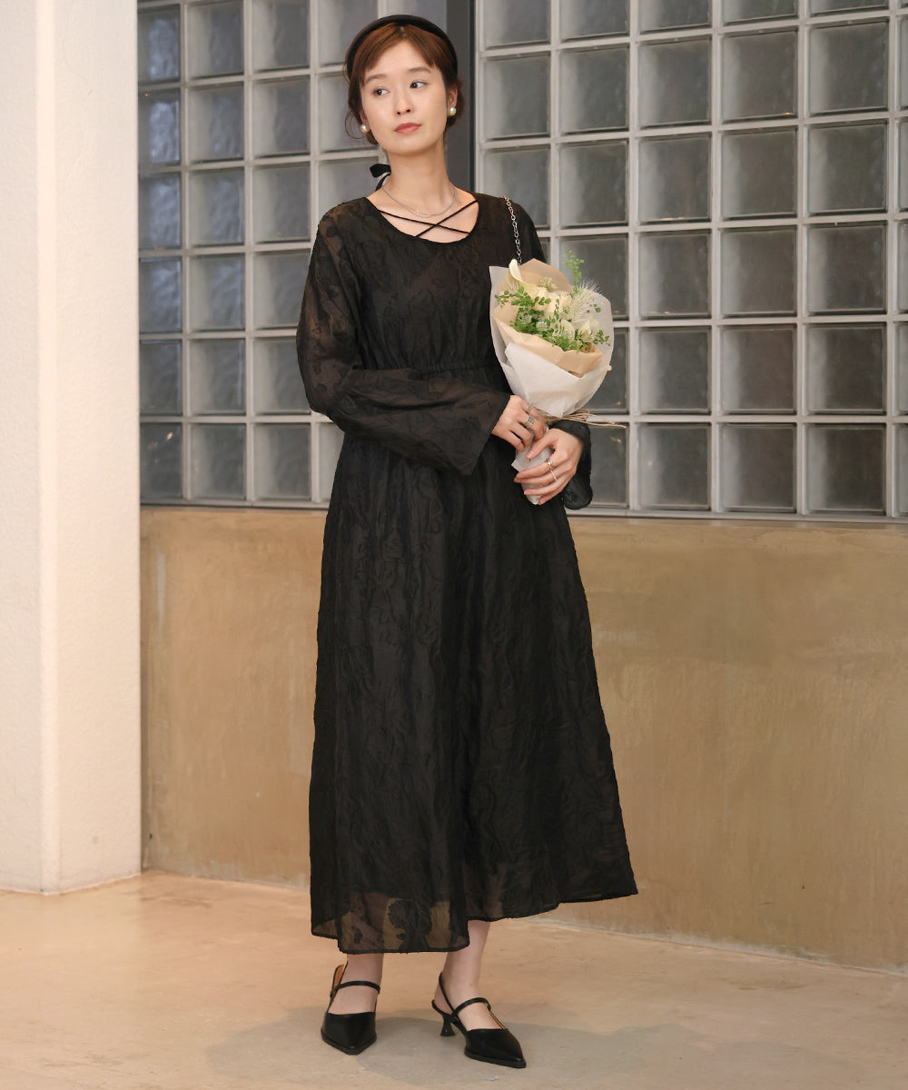 【オケージョンドレス/結婚式/2サイズ展開/SET ITEM/インナー付き/裏地付き】ジャガードフレアワンピース