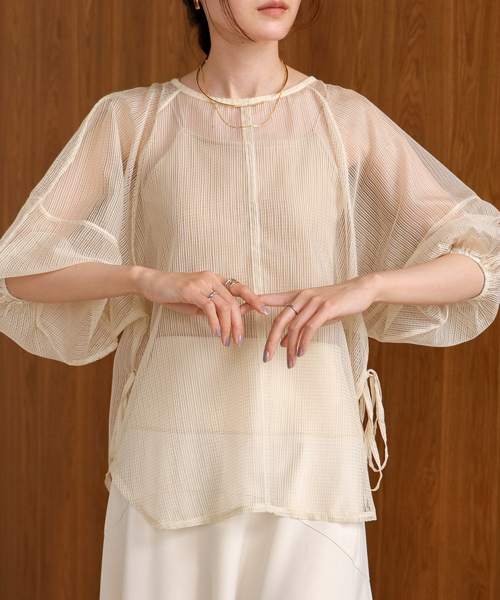 SHEER CHECK LANTERN SLEEVE BLOUSE