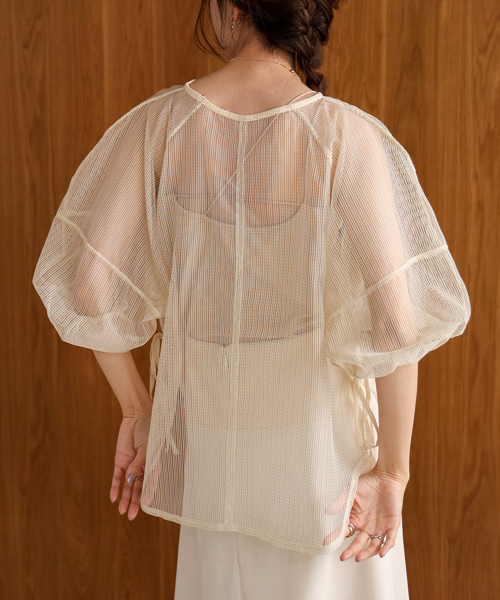 SHEER CHECK LANTERN SLEEVE BLOUSE