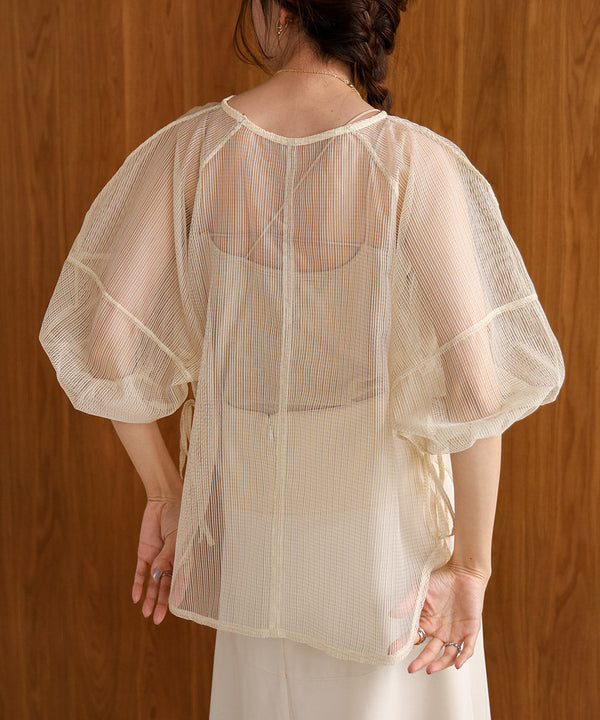 SHEER CHECK LANTERN SLEEVE BLOUSE