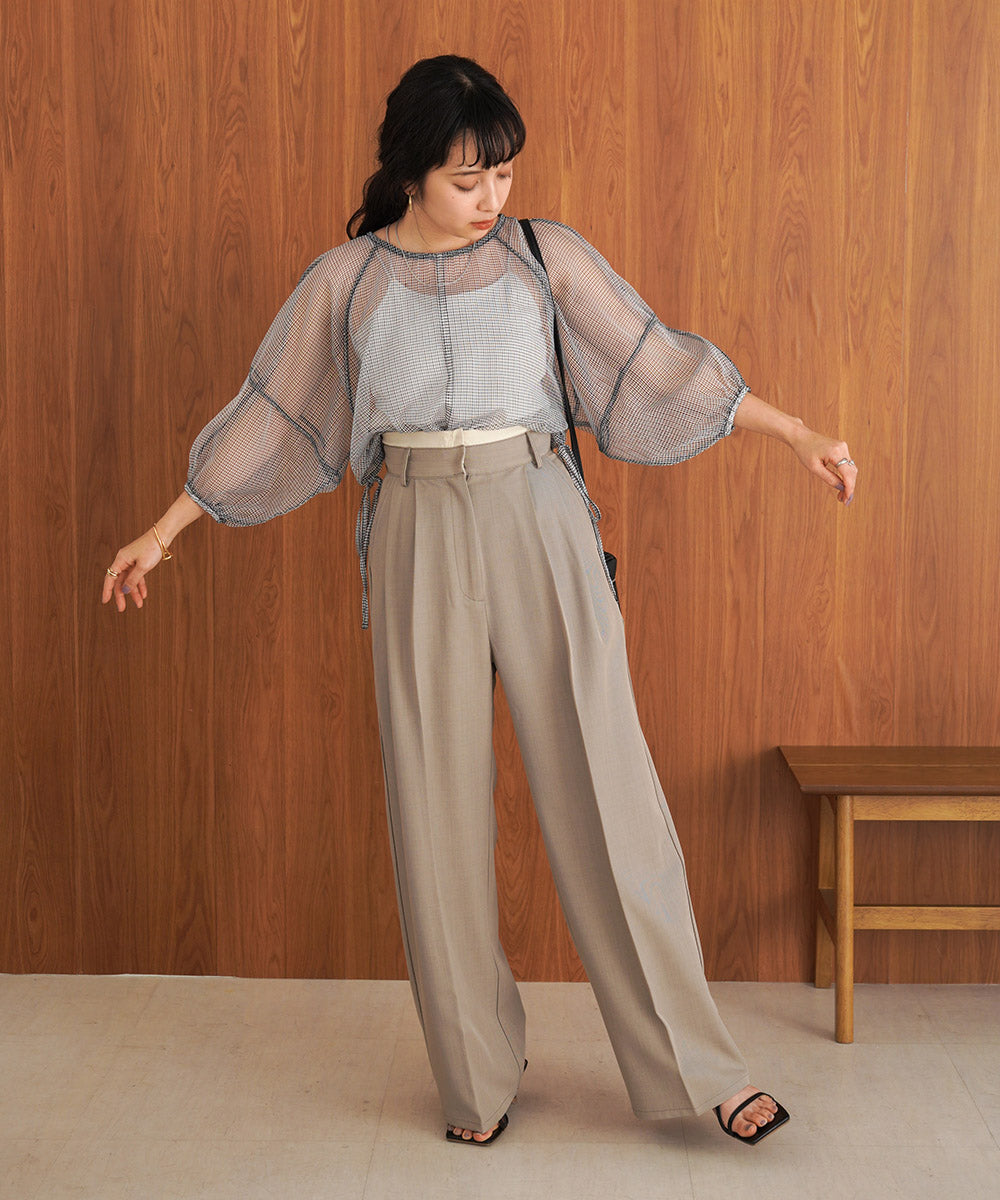 SHEER CHECK LANTERN SLEEVE BLOUSE