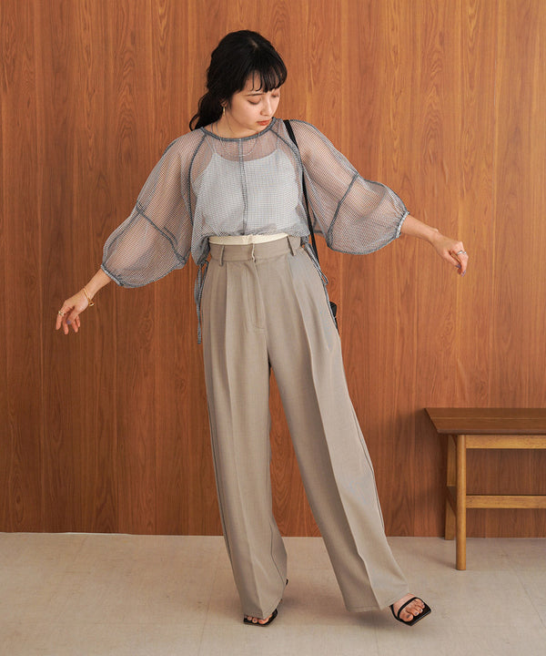 SHEER CHECK LANTERN SLEEVE BLOUSE