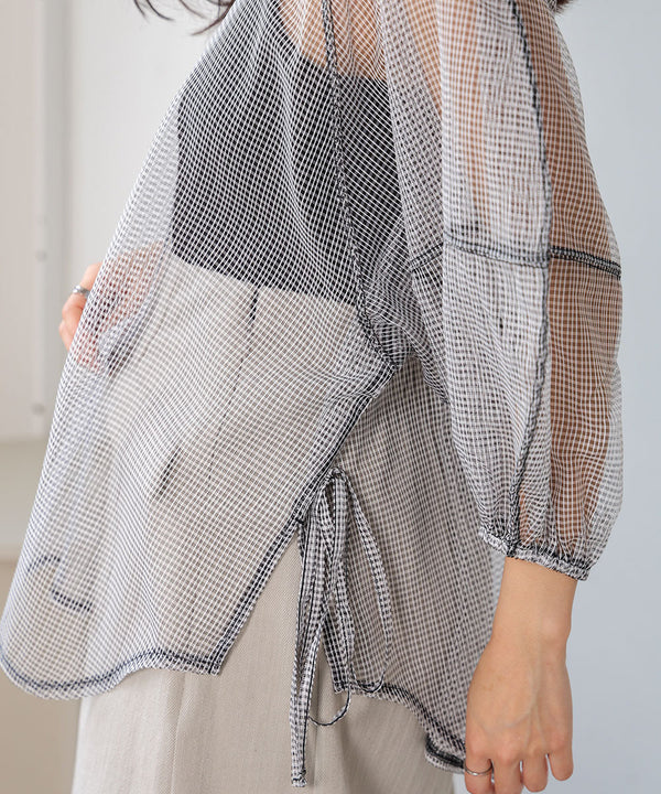 SHEER CHECK LANTERN SLEEVE BLOUSE