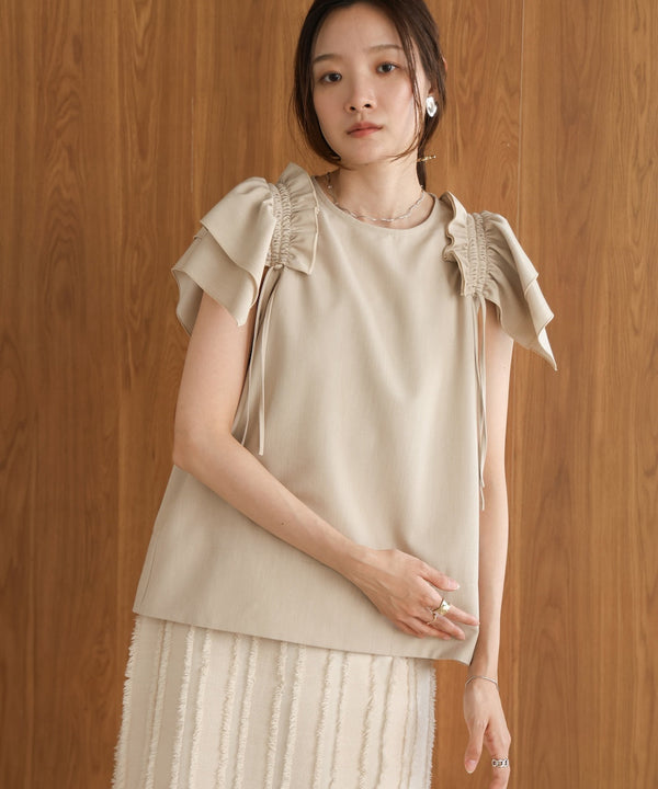 denim-like gathered blouse