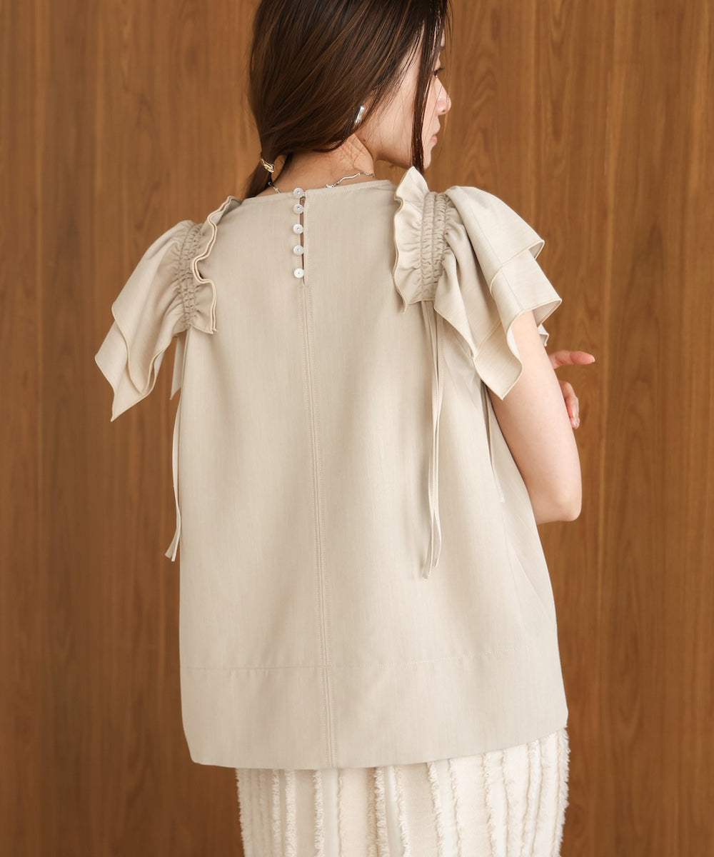 denim-like gathered blouse