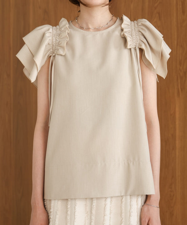 denim-like gathered blouse