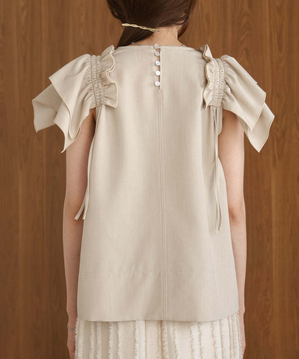 denim-like gathered blouse