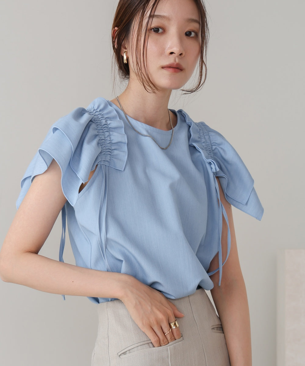 denim-like gathered blouse