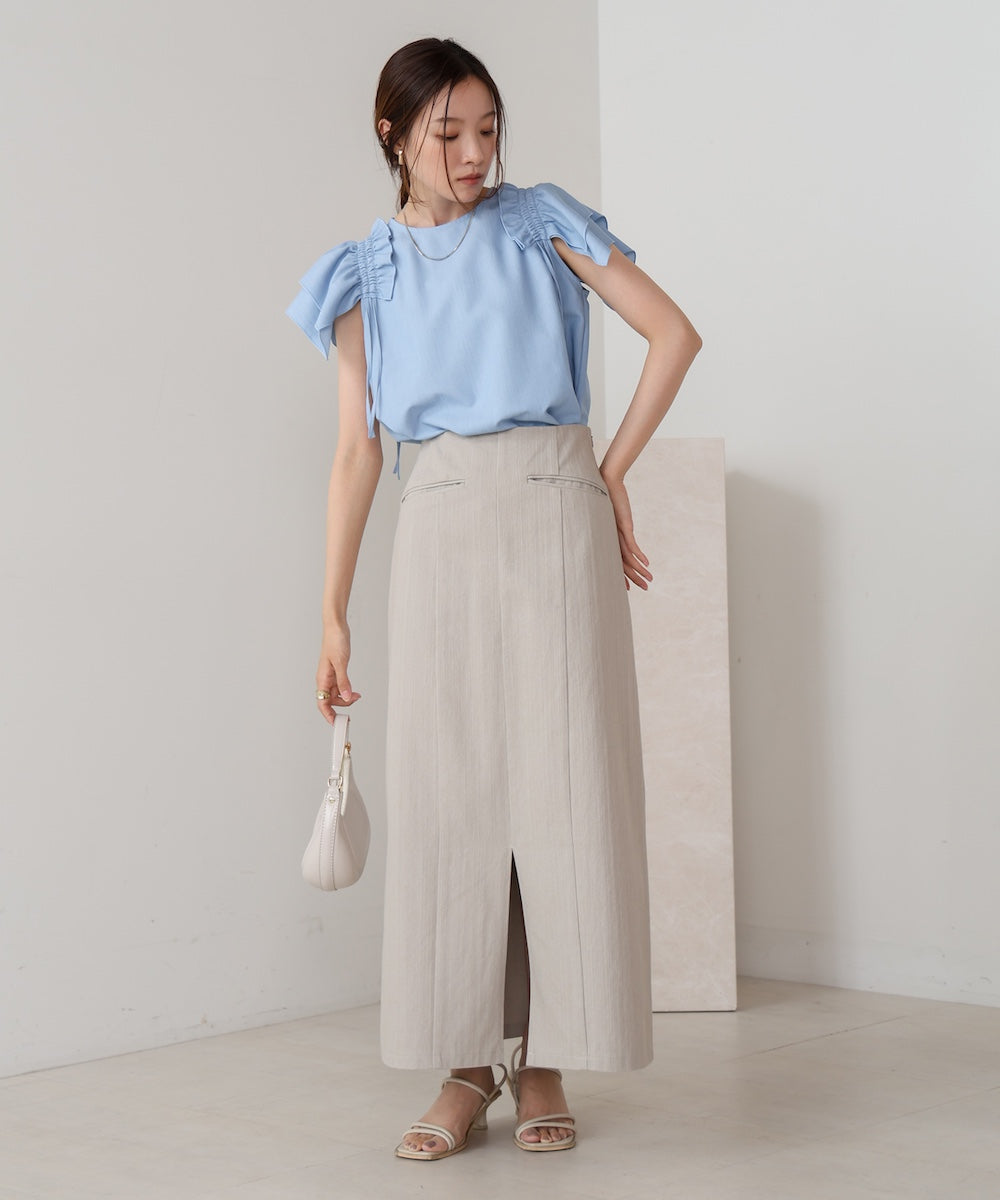 denim-like gathered blouse
