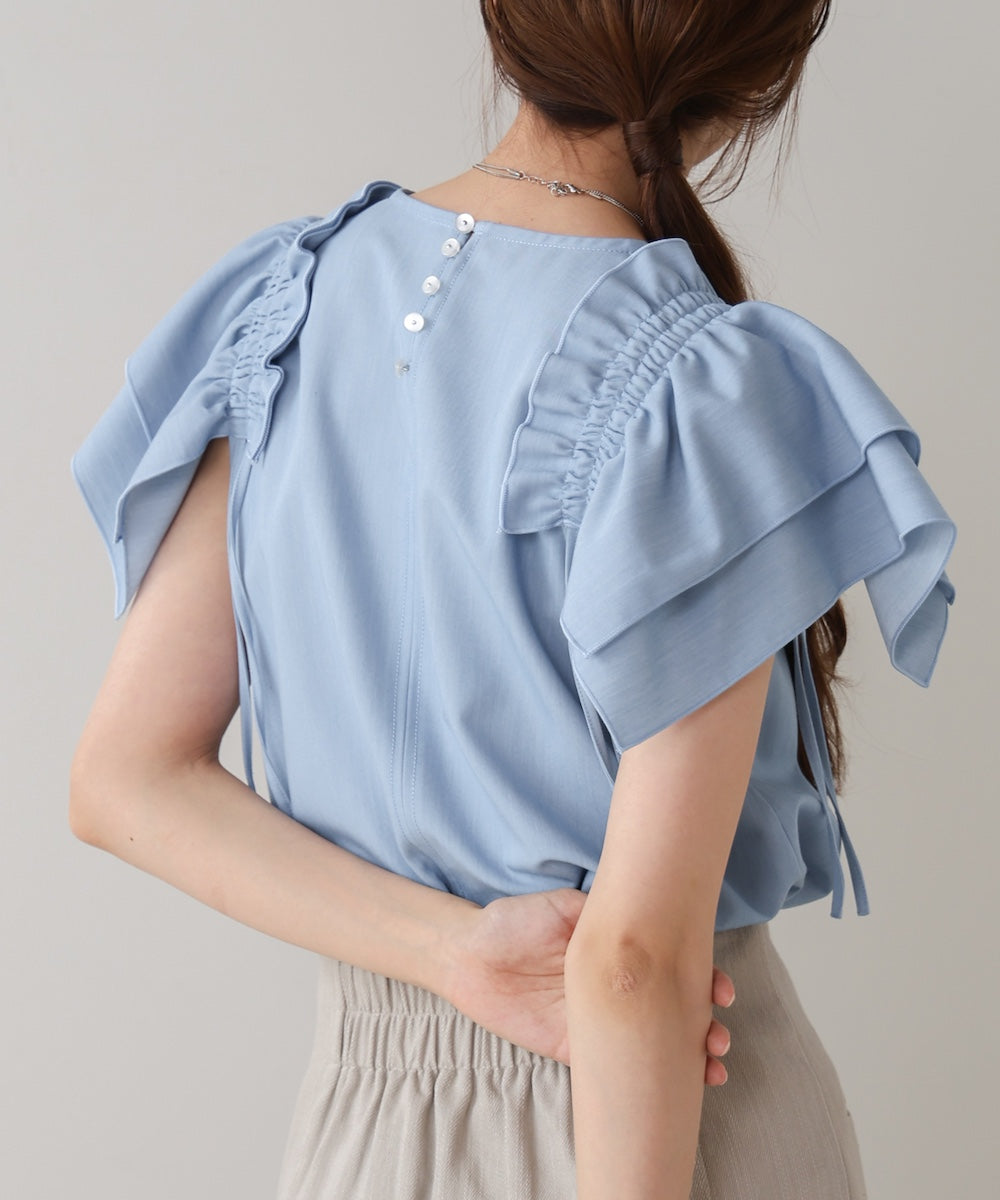 denim-like gathered blouse