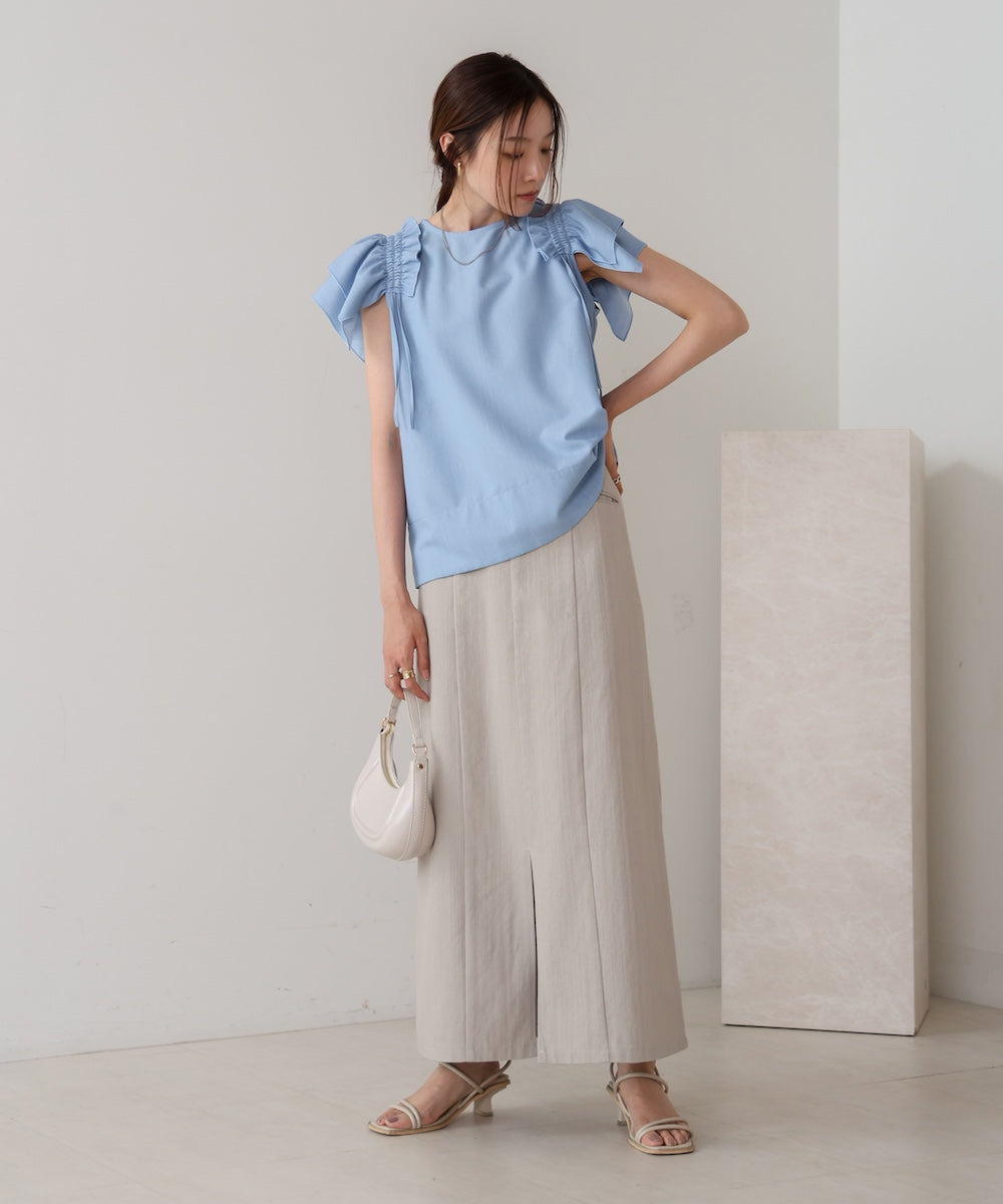 denim-like gathered blouse