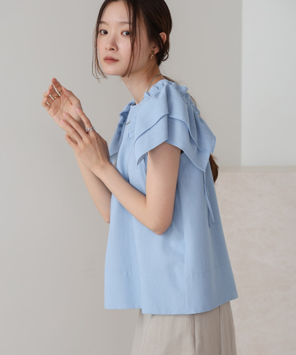 denim-like gathered blouse