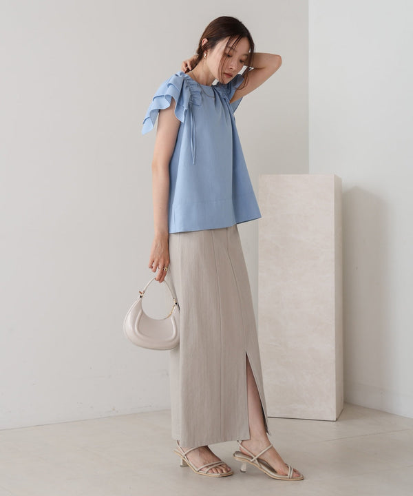 denim-like gathered blouse