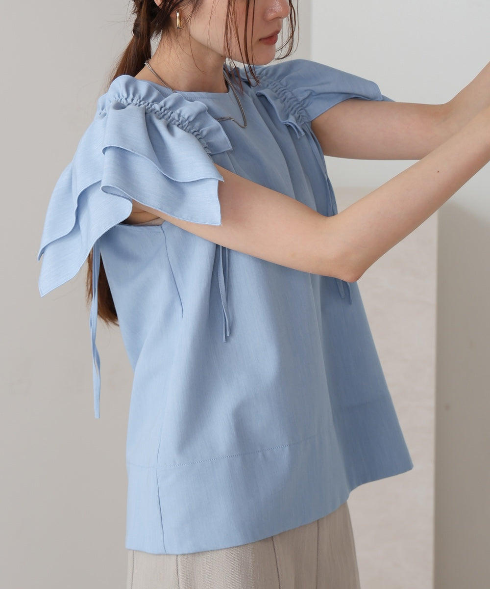 denim-like gathered blouse