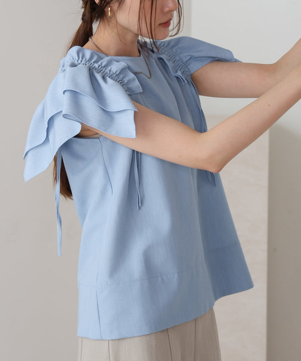 denim-like gathered blouse