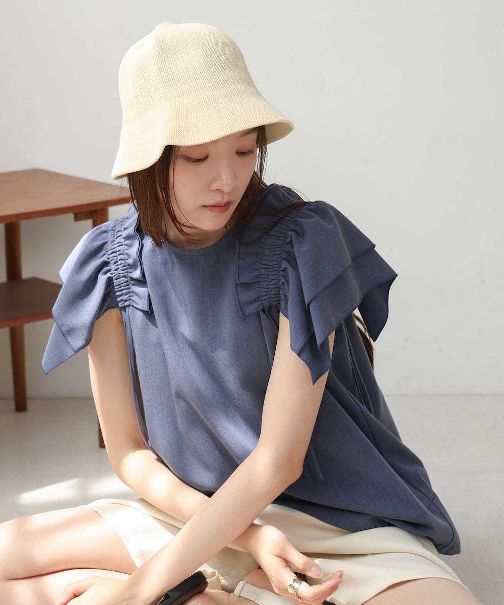 denim-like gathered blouse