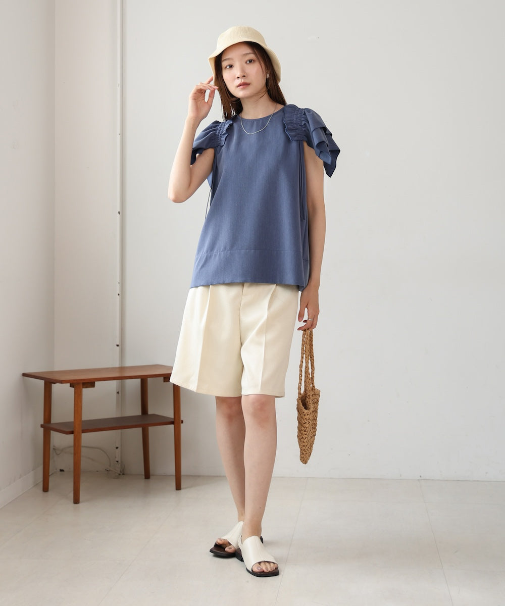 denim-like gathered blouse