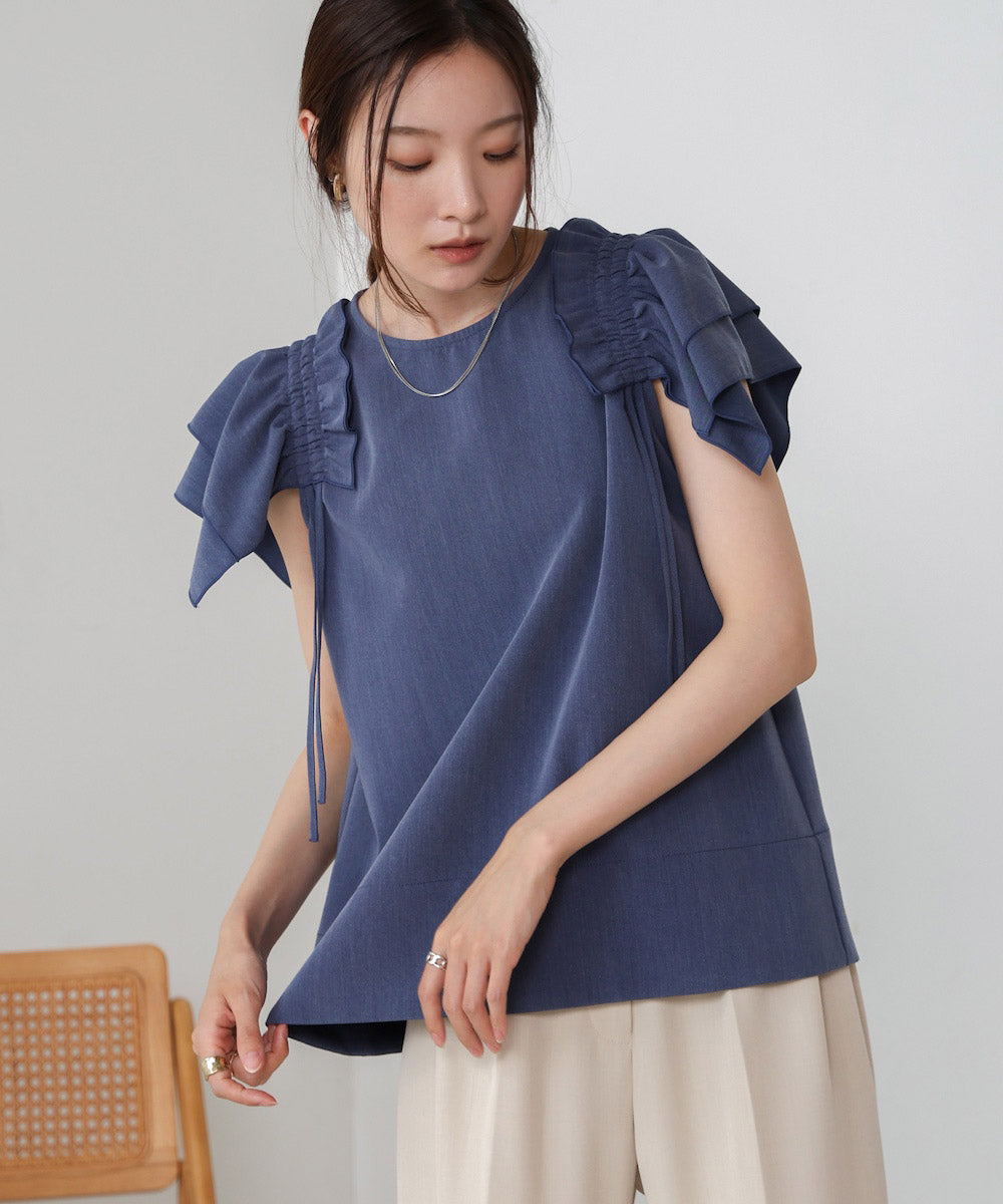 denim-like gathered blouse