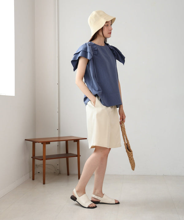 denim-like gathered blouse