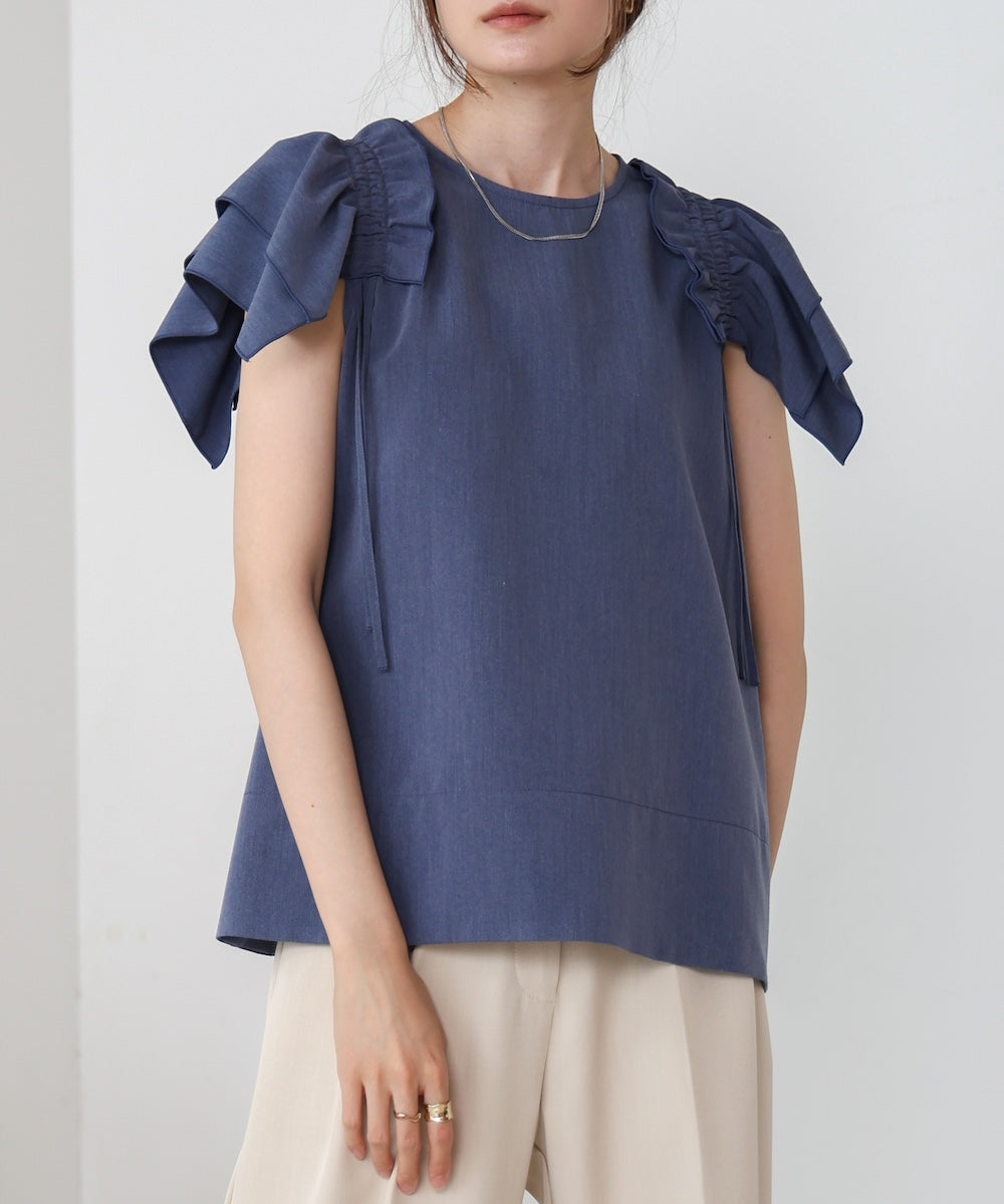 denim-like gathered blouse
