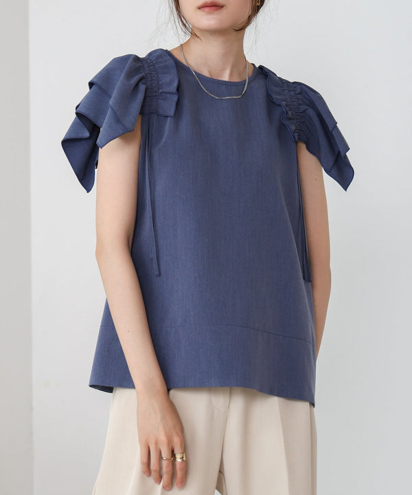 denim-like gathered blouse
