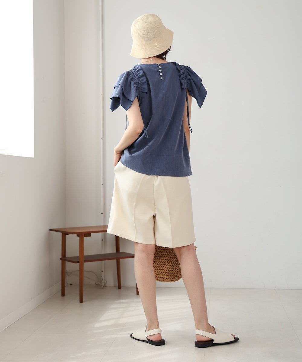 denim-like gathered blouse