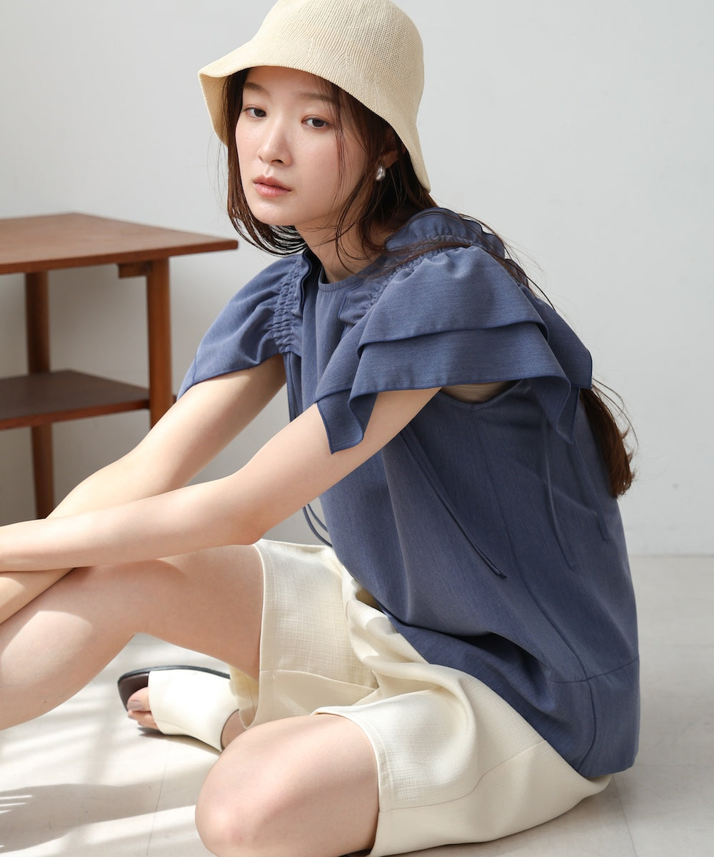 denim-like gathered blouse