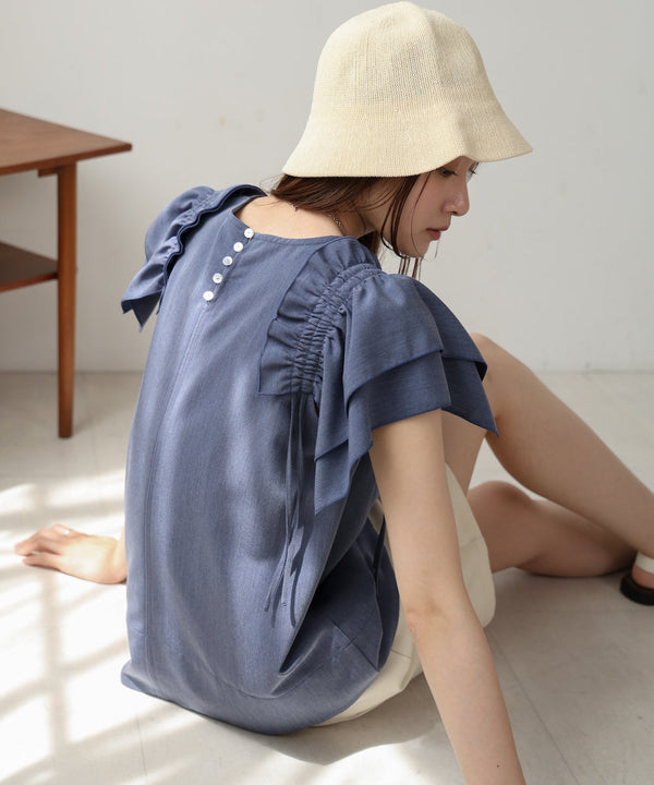 denim-like gathered blouse