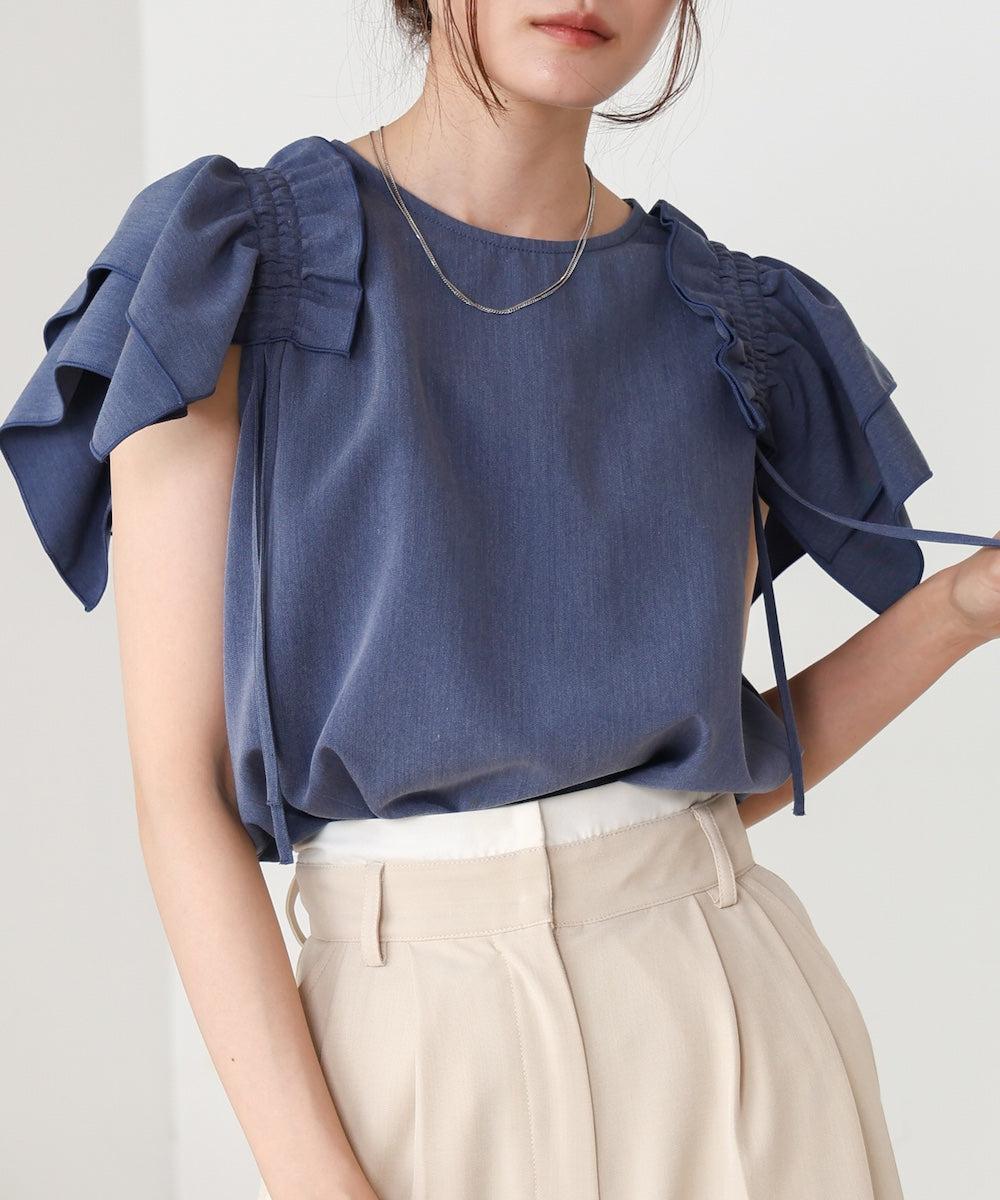 denim-like gathered blouse