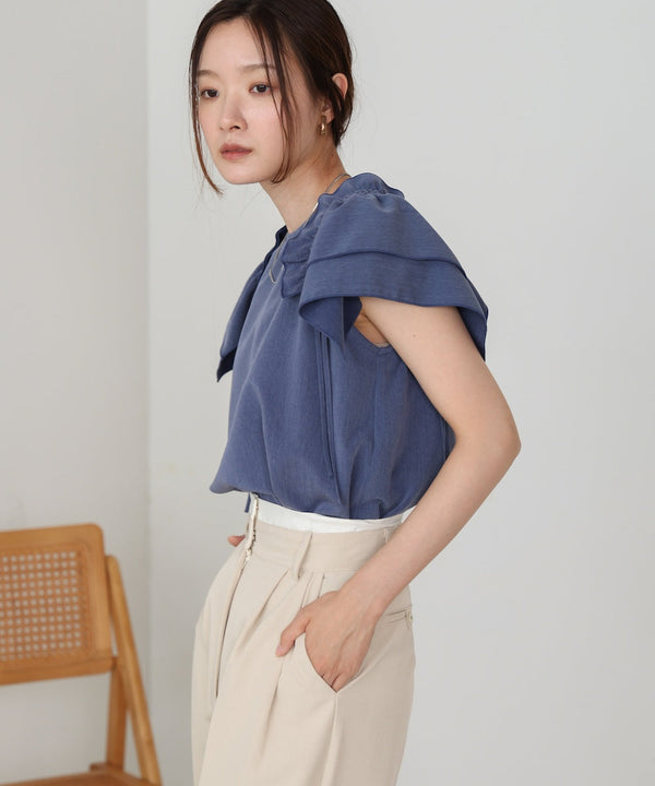 denim-like gathered blouse