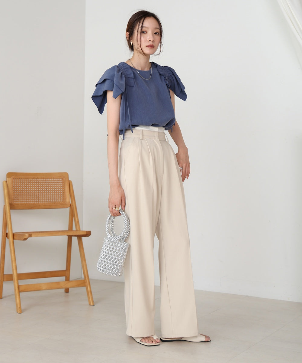 denim-like gathered blouse