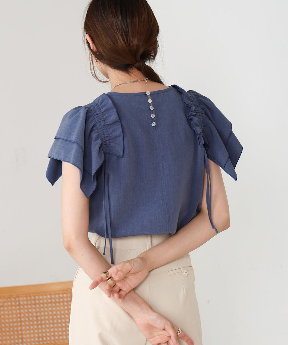 denim-like gathered blouse