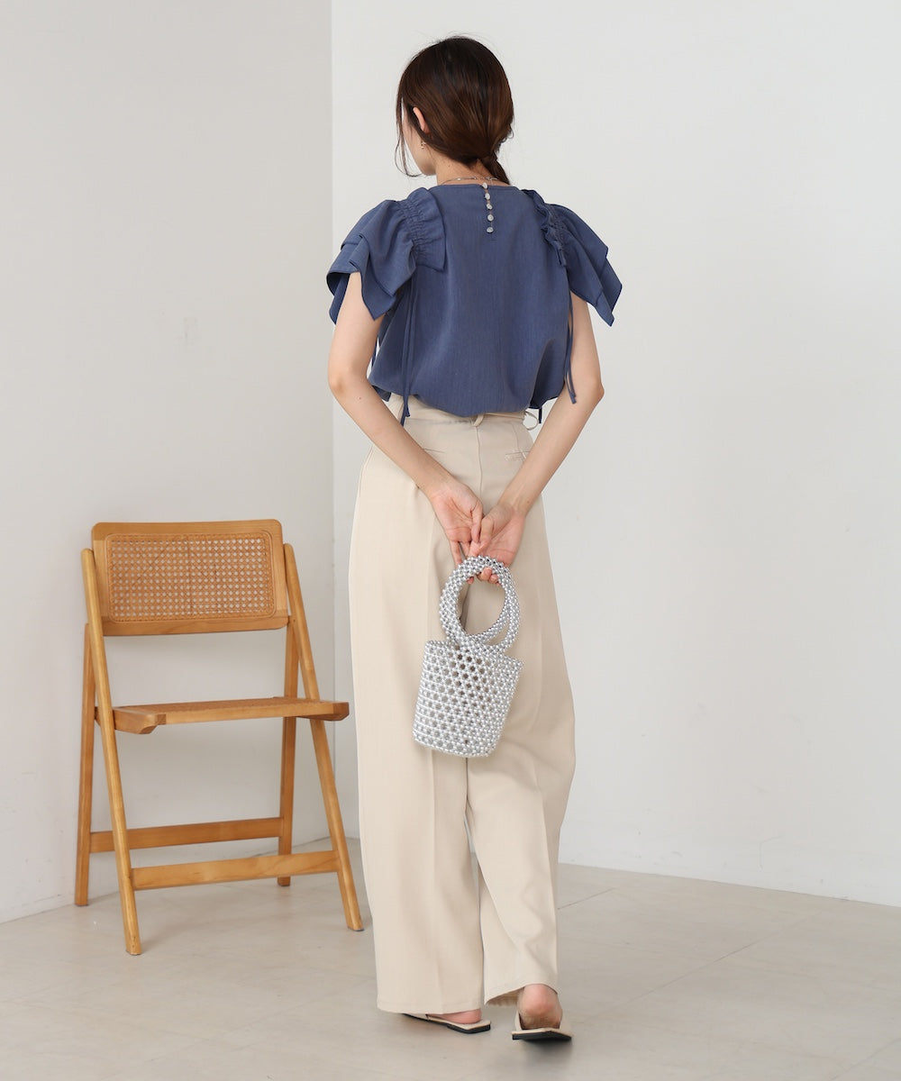 denim-like gathered blouse