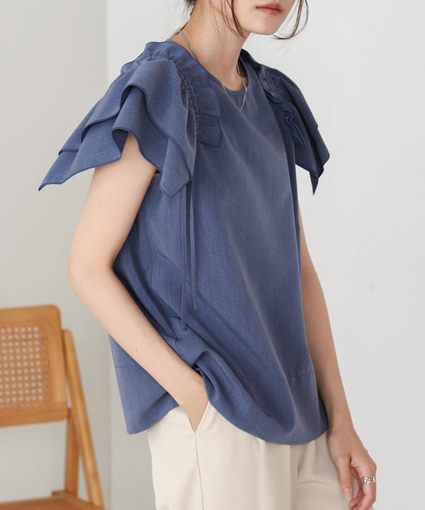 denim-like gathered blouse