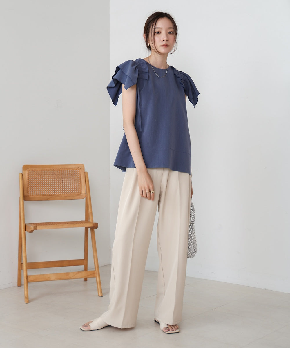 denim-like gathered blouse