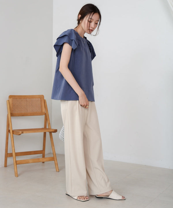 denim-like gathered blouse