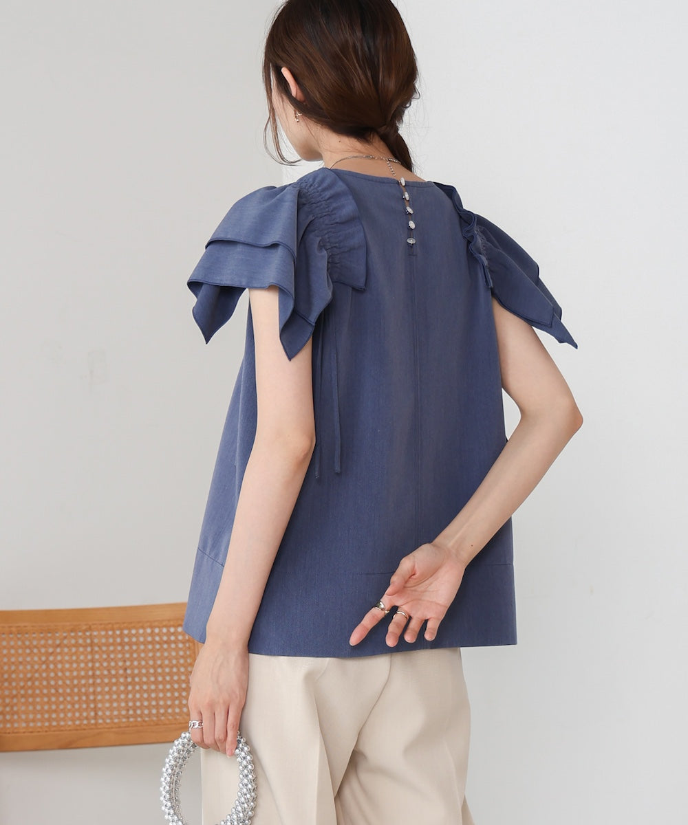 denim-like gathered blouse