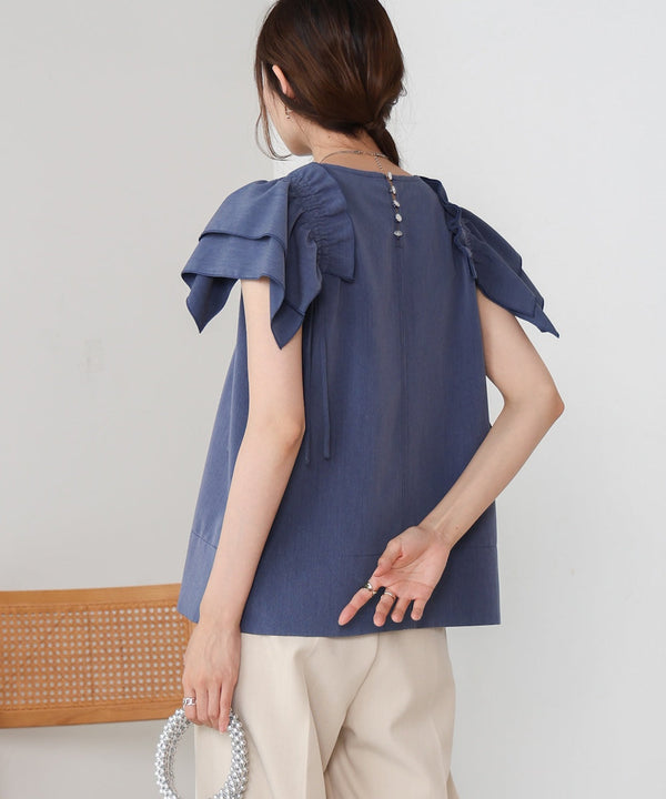 denim-like gathered blouse