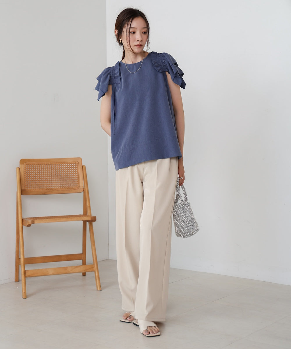 denim-like gathered blouse