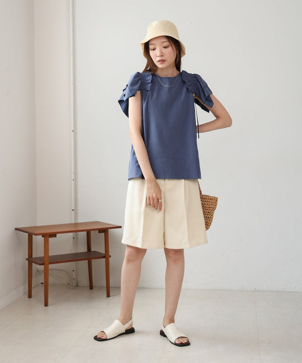 denim-like gathered blouse