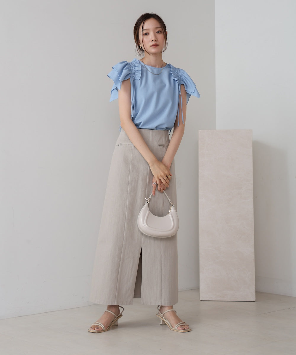 denim-like gathered blouse