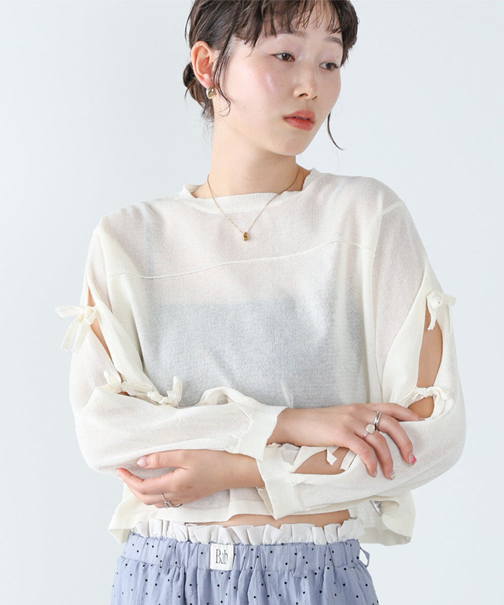 袖リボンシアーニット