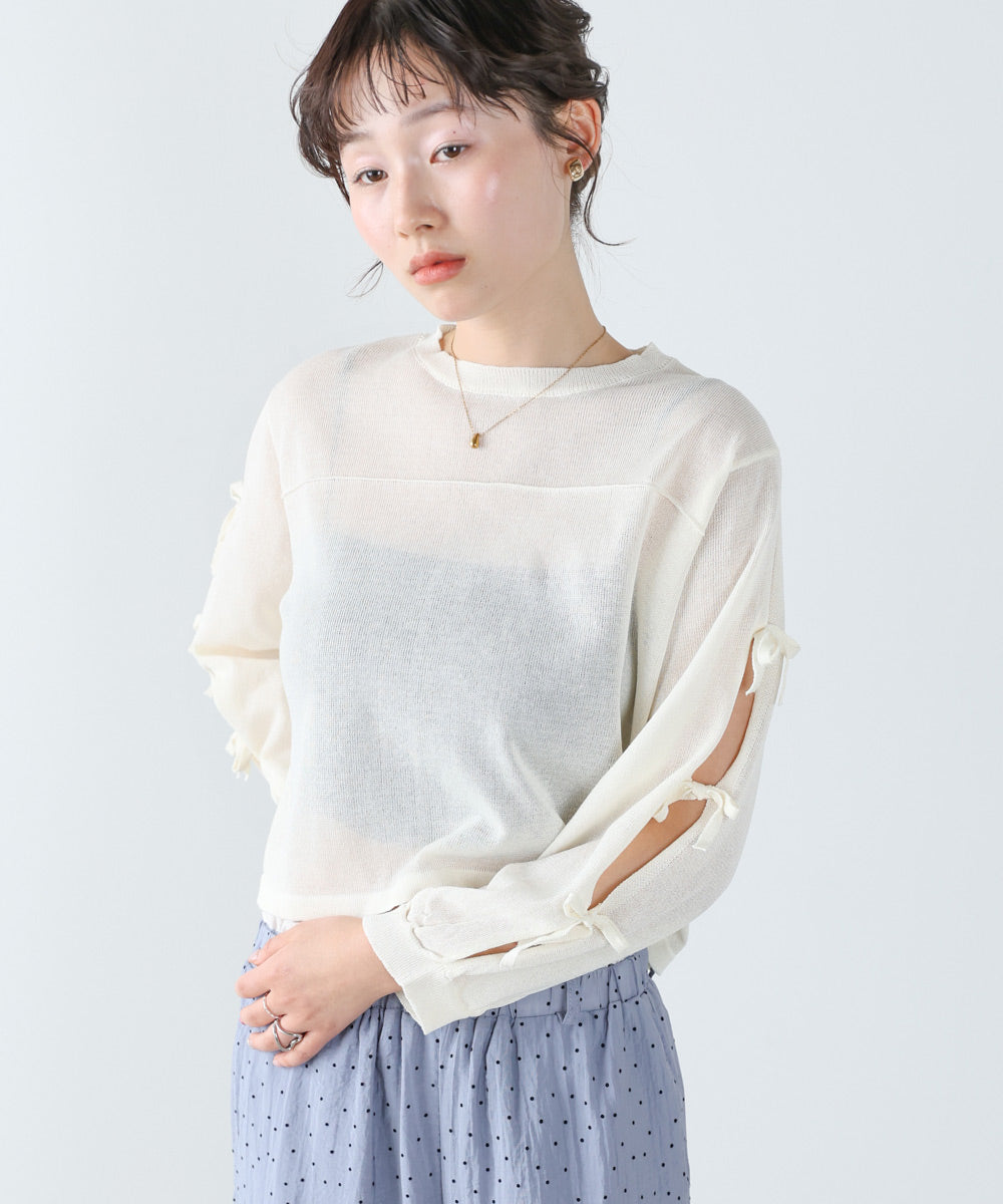 袖リボンシアーニット