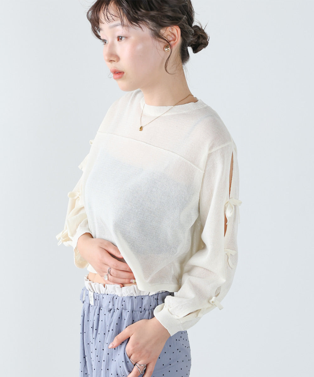 袖リボンシアーニット