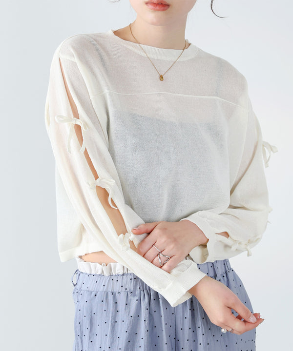 袖リボンシアーニット